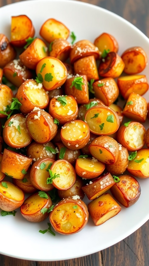 Roasted mini potatoes with Parmesan cheese and parsley on a white plate.